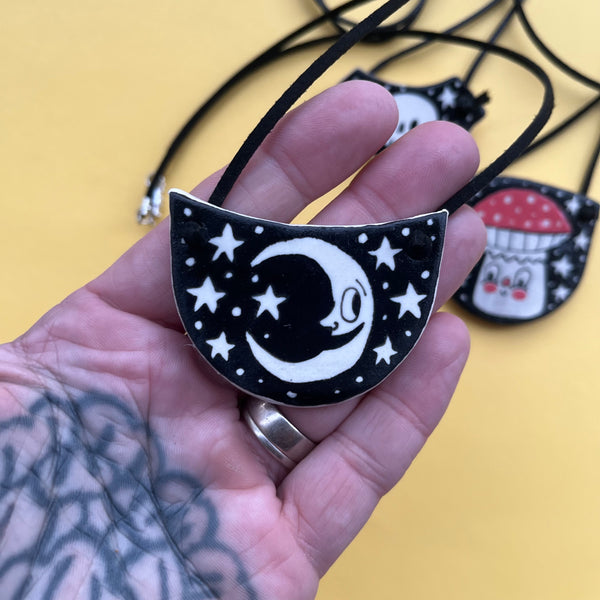 Ceramic Hand Built Necklace Moon, Skull, Mushroom