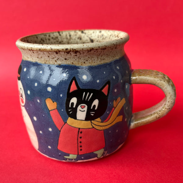 Ceramic Wheel Thrown Ice Skaters Snowman Mug 13.5oz