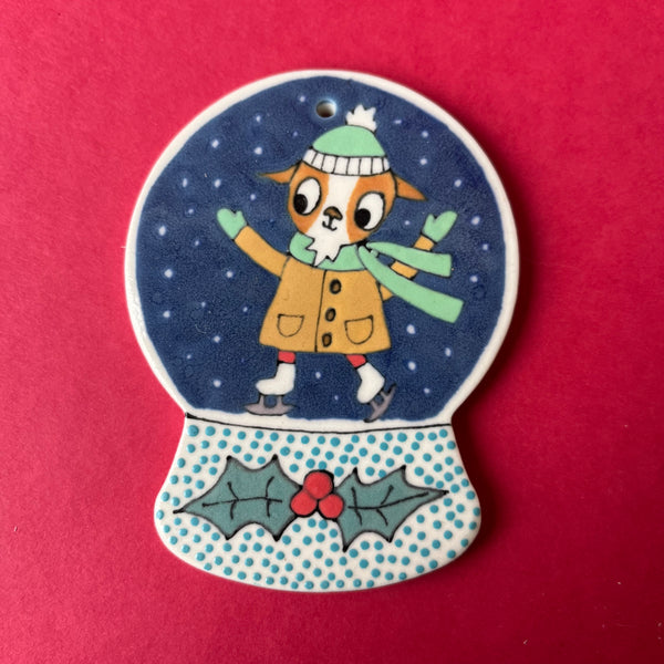 Ceramic Hand Built Ice Skater Snow Globe Ornament