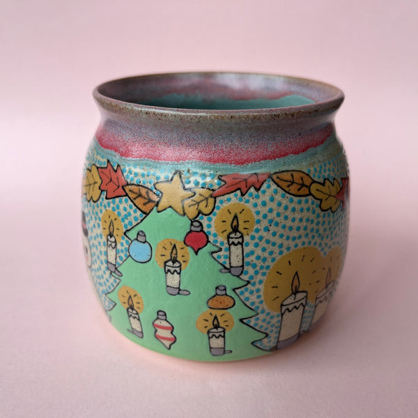 Ceramic Wheel Thrown Christmas Party Cats Mug 11oz