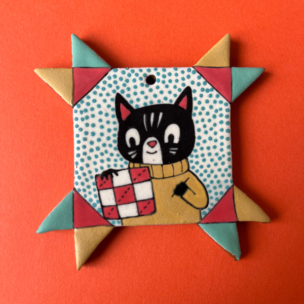 Ceramic Hand Built Cat Quilt Block Ornament