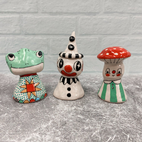 Ceramic Hand Built Bell Clown, Frog, Mushroom