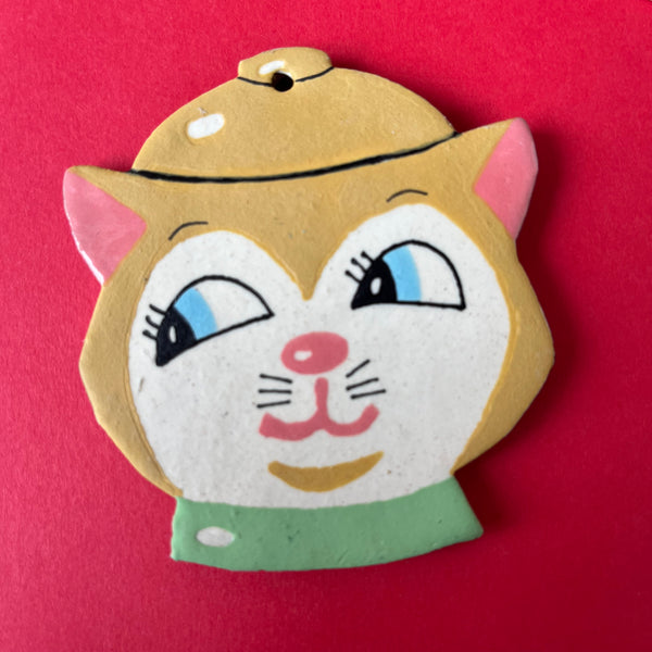 Ceramic Hand Built Vintage Cat Cookie Jar Ornament