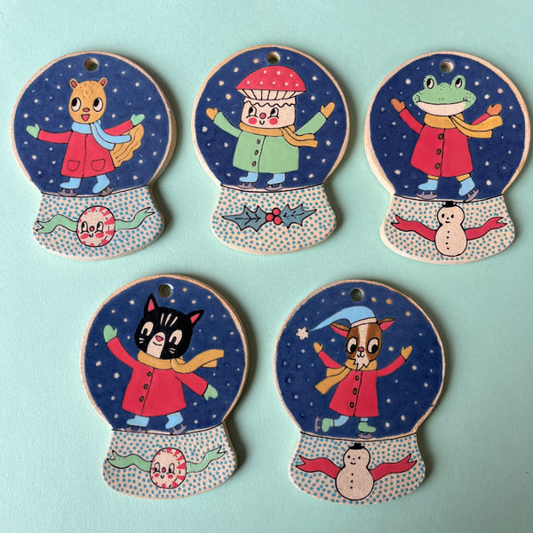 Ceramic Hand Built Ice Skaters Snow Globe Ornament