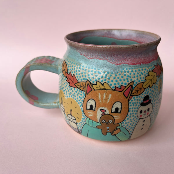Ceramic Wheel Thrown Christmas Party Cats Mug 11oz