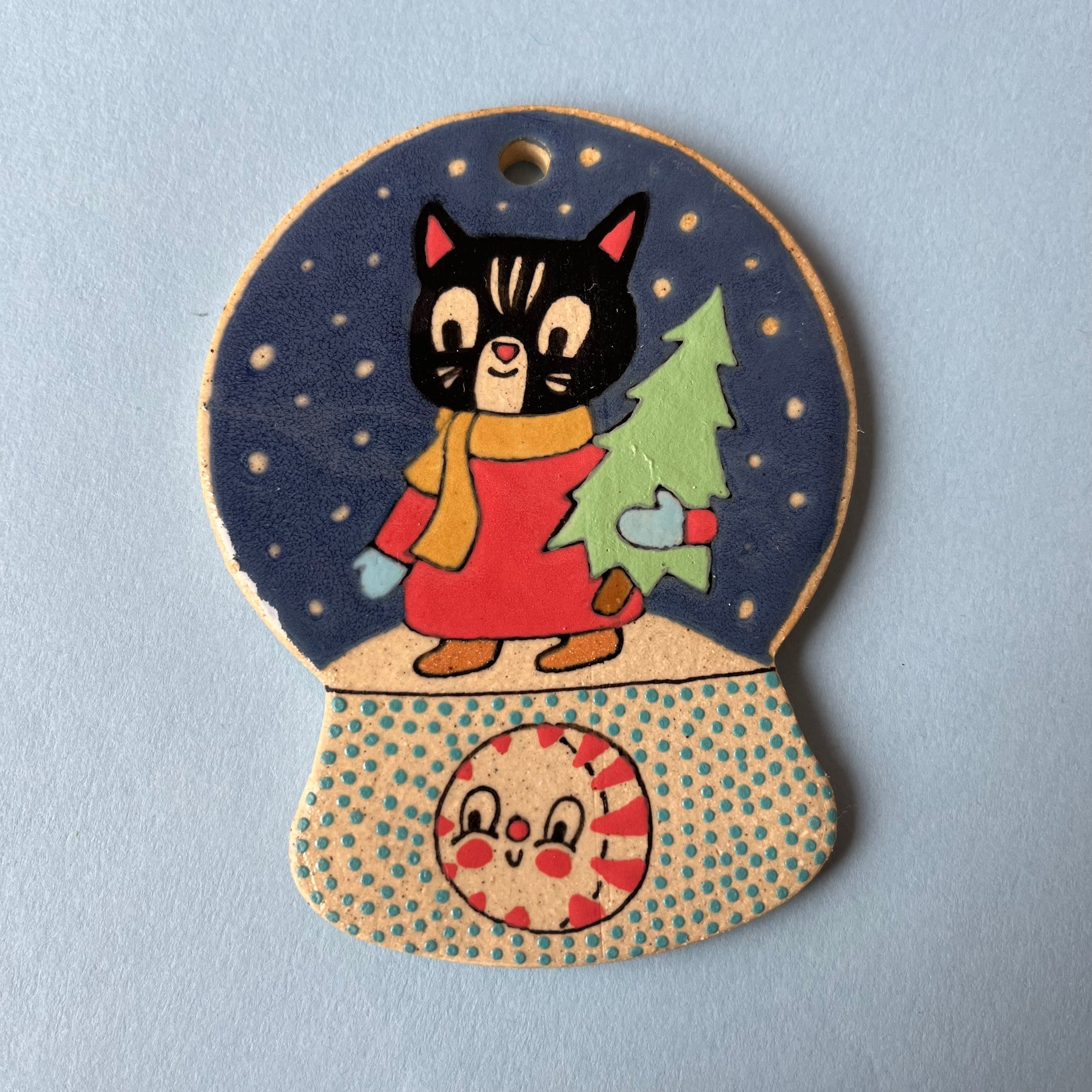 Ceramic Hand Built Cat Snow Globe Ornament