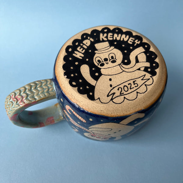Ceramic Wheel Thrown Snowman Candy Cane Mug 13.5oz