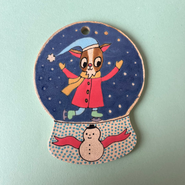 Ceramic Hand Built Ice Skaters Snow Globe Ornament