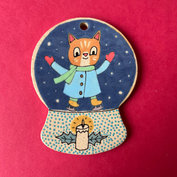 Ceramic Hand Built Ice Skater Snow Globe Ornament