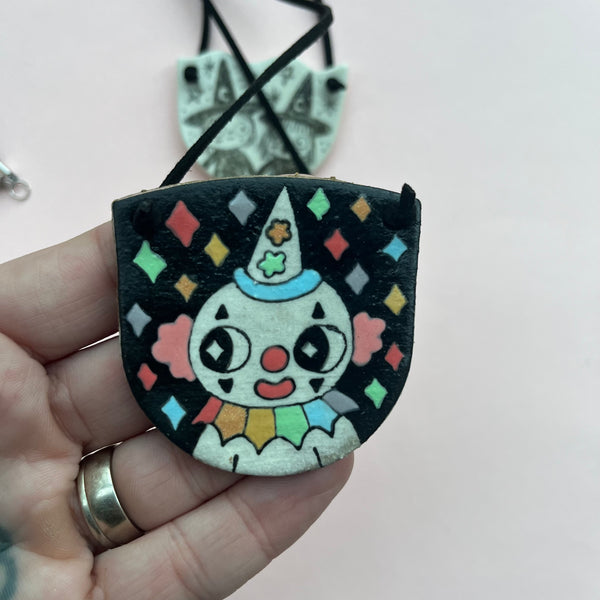 Ceramic Hand Built Necklace Clown, Twin Witches
