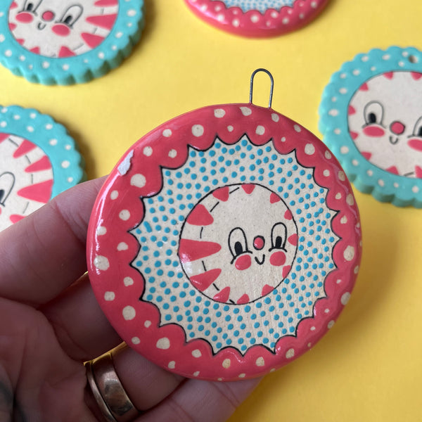 Ceramic Hand Built Peppermints and Cat Ornament