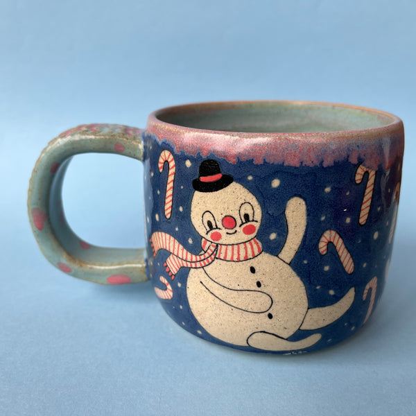 Ceramic Wheel Thrown Snowman Candy Cane Mug 13.5oz