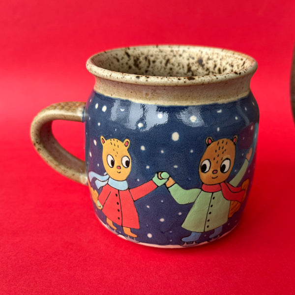 Ceramic Wheel Thrown Ice Skaters Snowman Mug 13.5oz