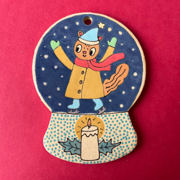 Ceramic Hand Built Ice Skater Snow Globe Ornament