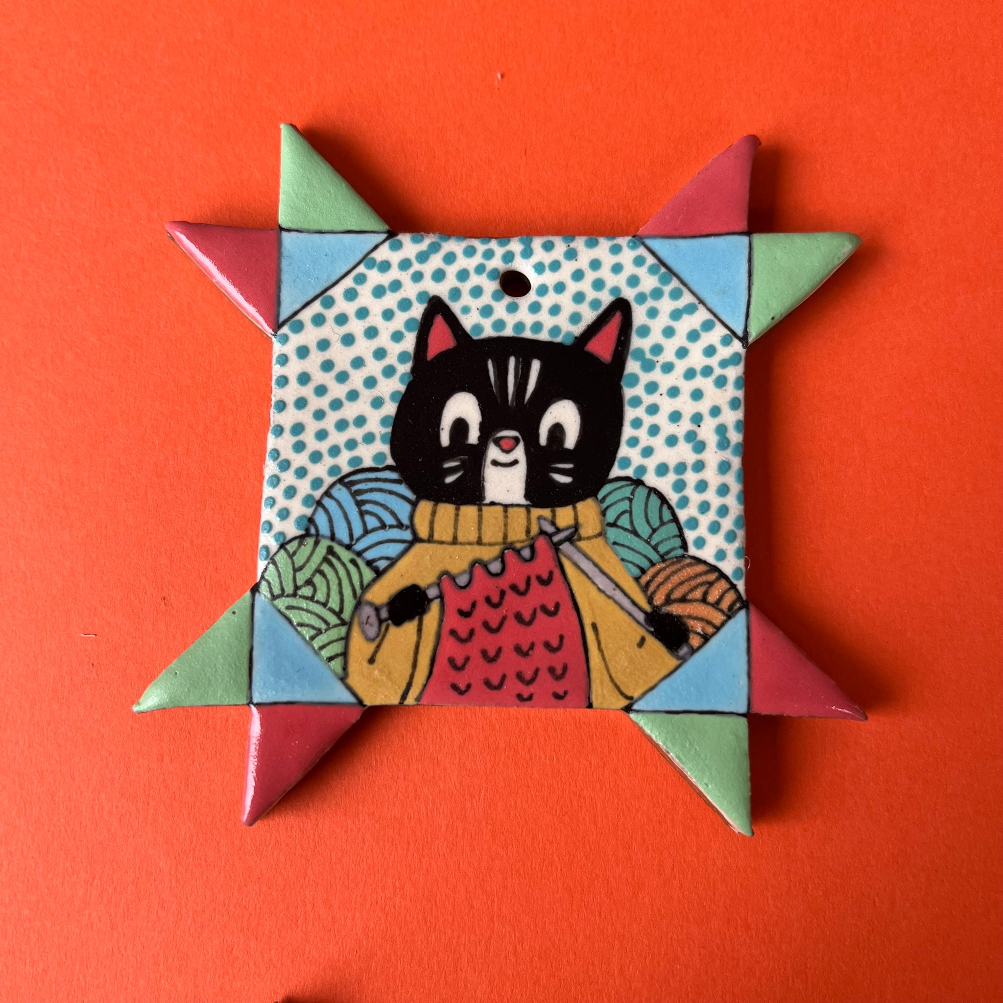 Ceramic Hand Built Cat Quilt Block Ornament
