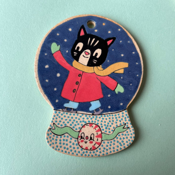 Ceramic Hand Built Ice Skaters Snow Globe Ornament