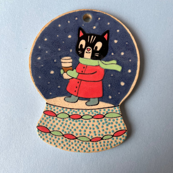 Ceramic Hand Built Cat Snow Globe Ornament