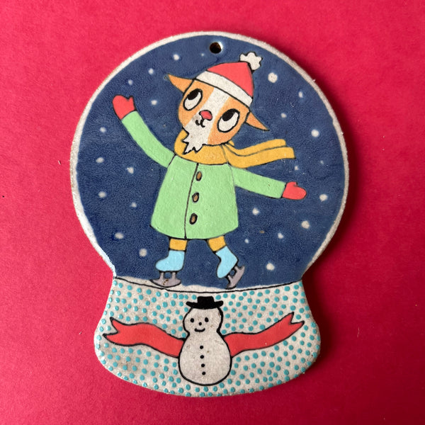 Ceramic Hand Built Ice Skater Snow Globe Ornament