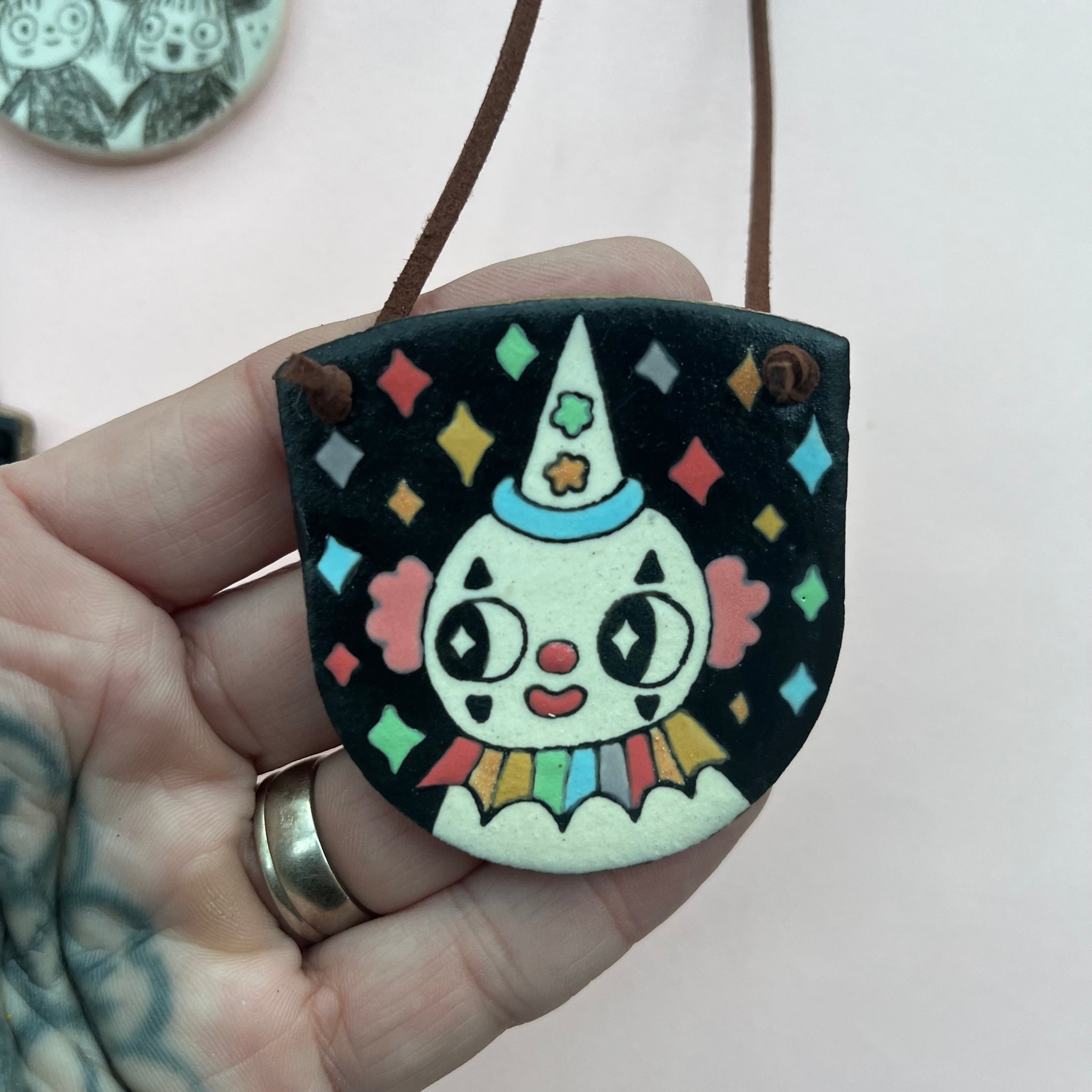 Ceramic Hand Built Necklace Clown, Twin Witches