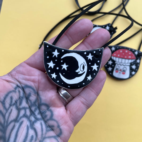 Ceramic Hand Built Necklace Moon, Skull, Mushroom
