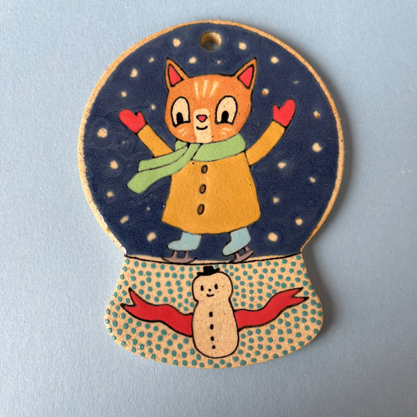Ceramic Hand Built Cat Snow Globe Ornament