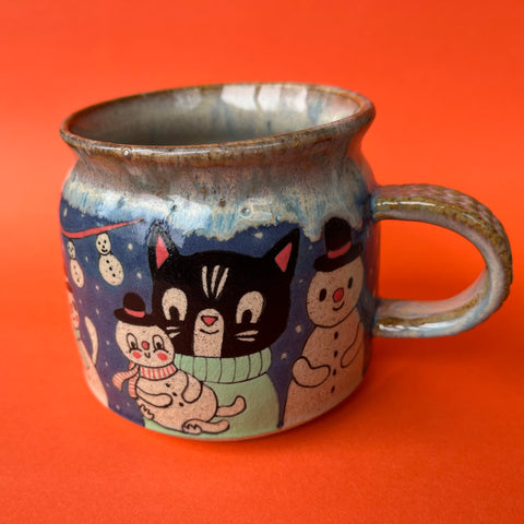 Ceramic Wheel Thrown Cat Snowman Mug 11oz