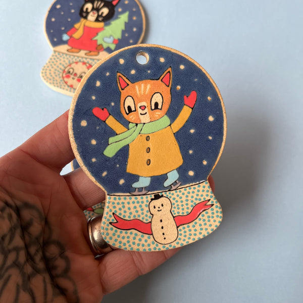 Ceramic Hand Built Cat Snow Globe Ornament