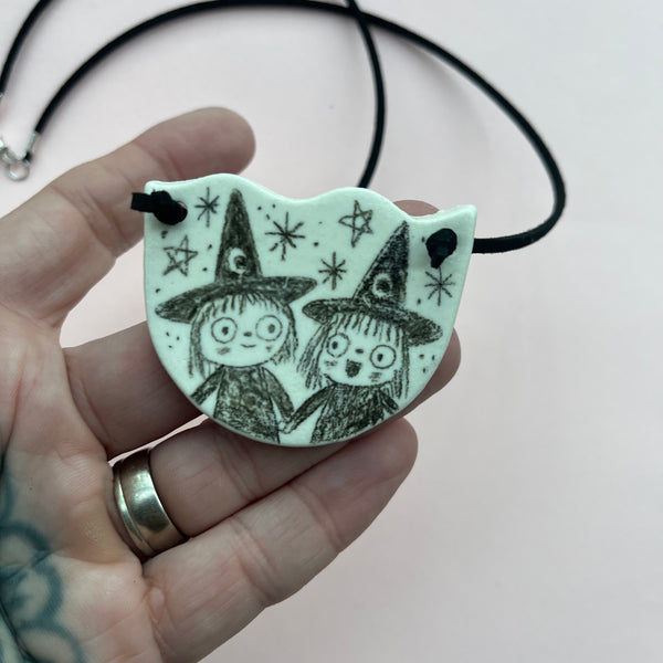 Ceramic Hand Built Necklace Clown, Twin Witches