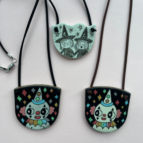 Ceramic Hand Built Necklace Clown, Twin Witches