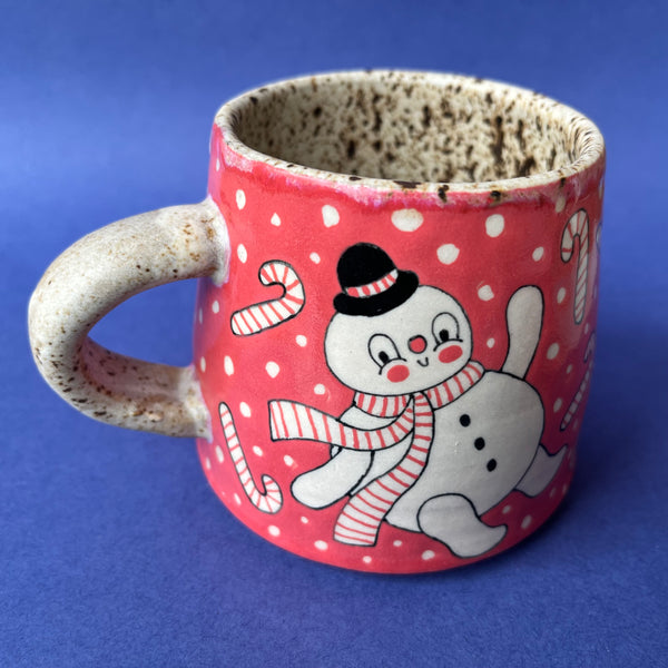 Ceramic Wheel Thrown Snowman Candy Cane Mug 9oz