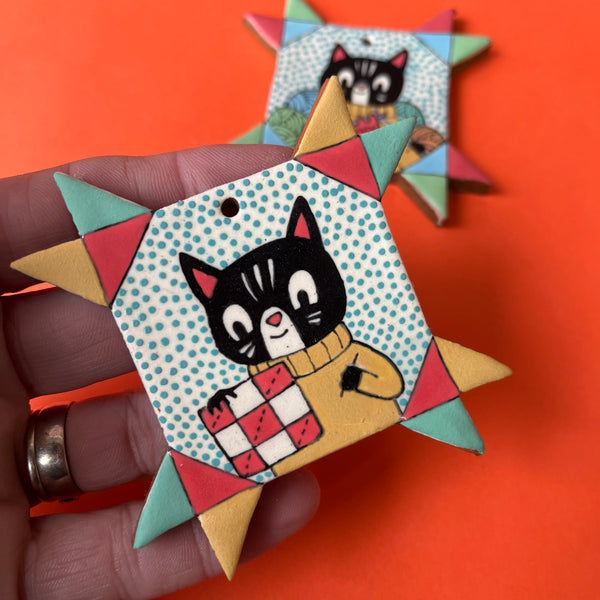 Ceramic Hand Built Cat Quilt Block Ornament