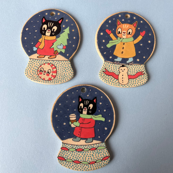 Ceramic Hand Built Cat Snow Globe Ornament