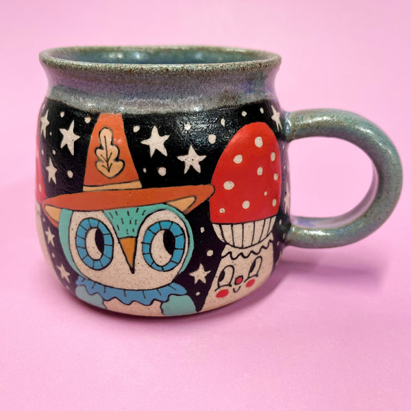 Ceramic Wheel Thrown Owl Mushroom Mug 12oz