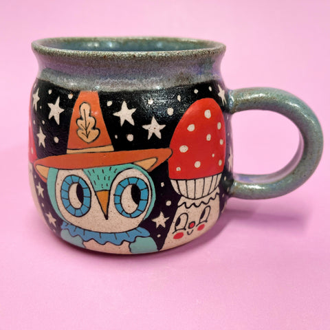 Ceramic Wheel Thrown Owl Mushroom Mug 12oz