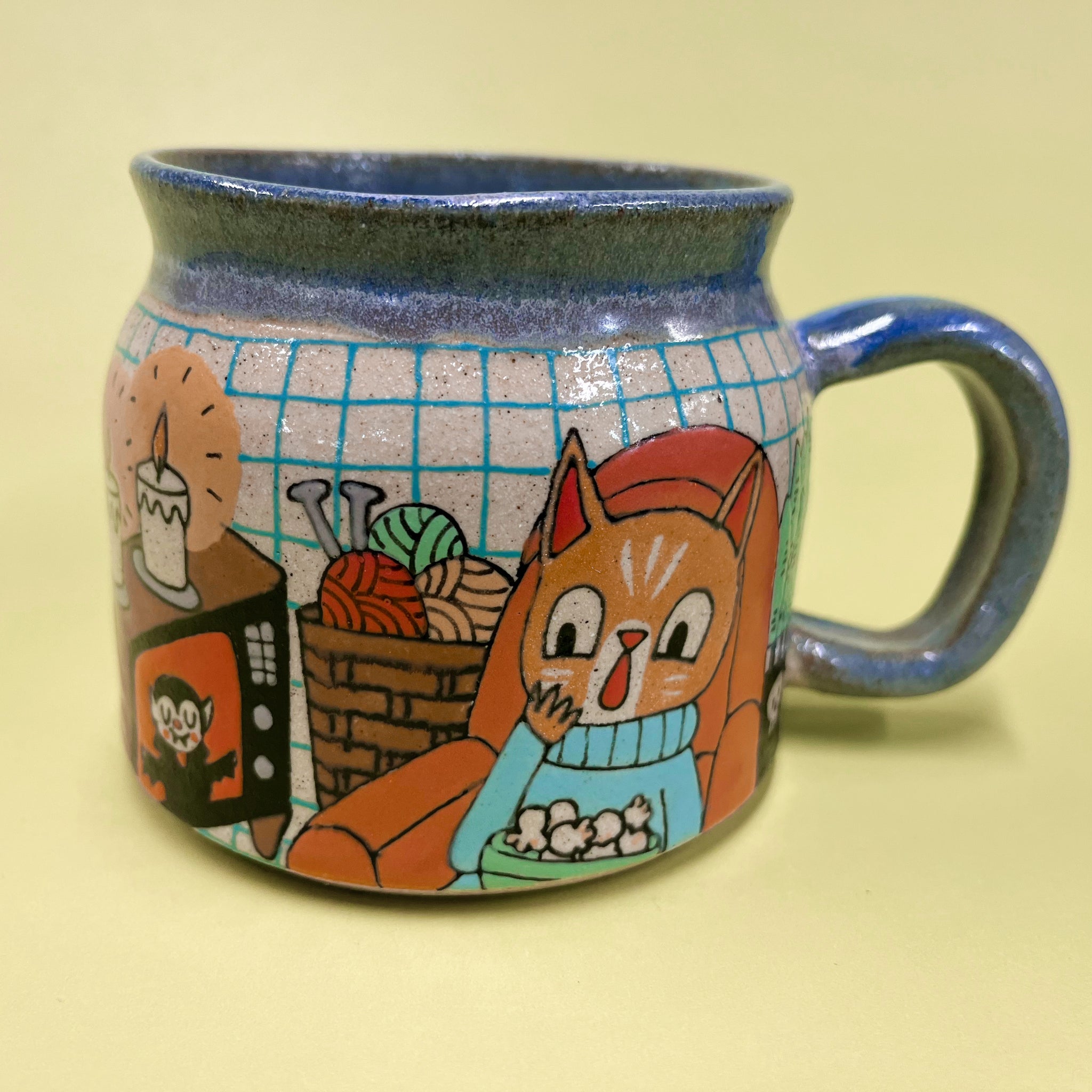 Ceramic Wheel Thrown Spooky Movie Cat Mug 11oz