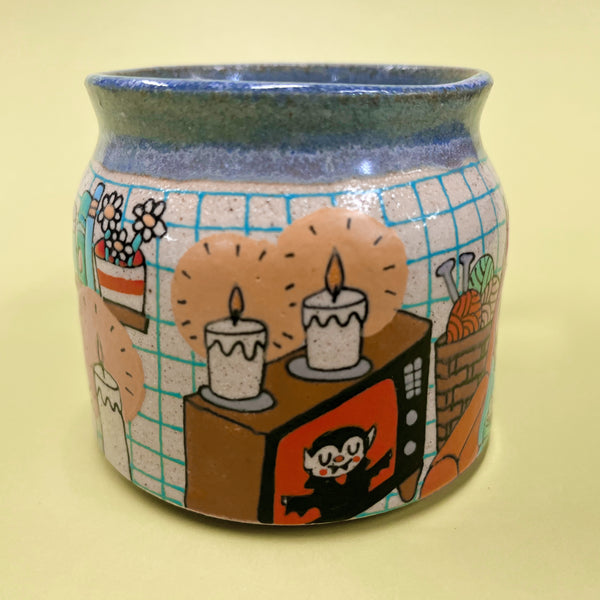 Ceramic Wheel Thrown Spooky Movie Cat Mug 11oz