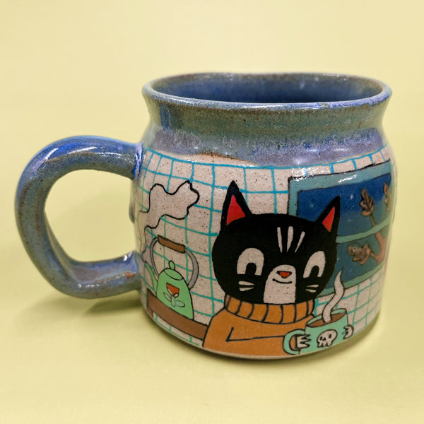 Ceramic Wheel Thrown Spooky Movie Cat Mug 11oz