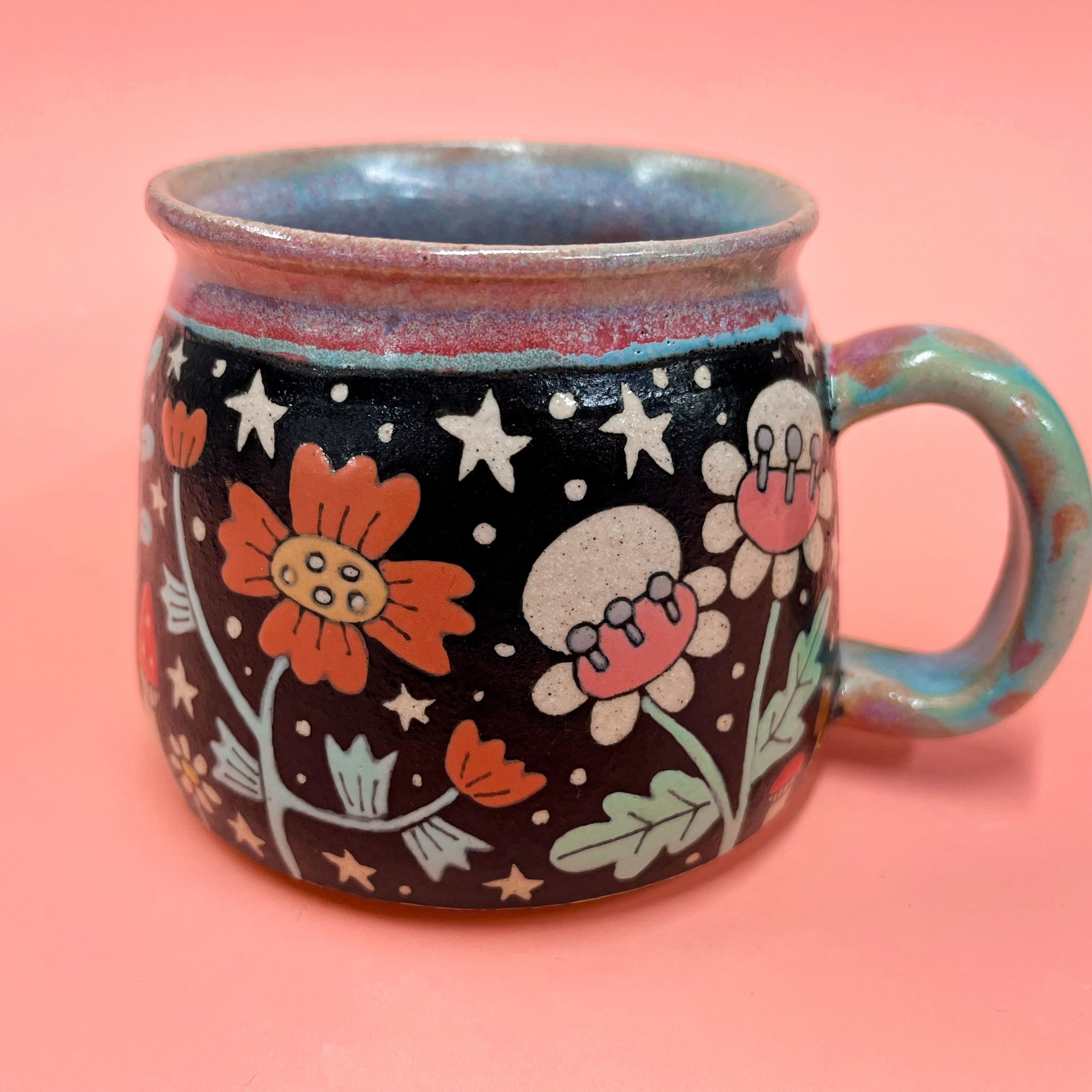 Ceramic Wheel Thrown Flower Mug 13.5oz