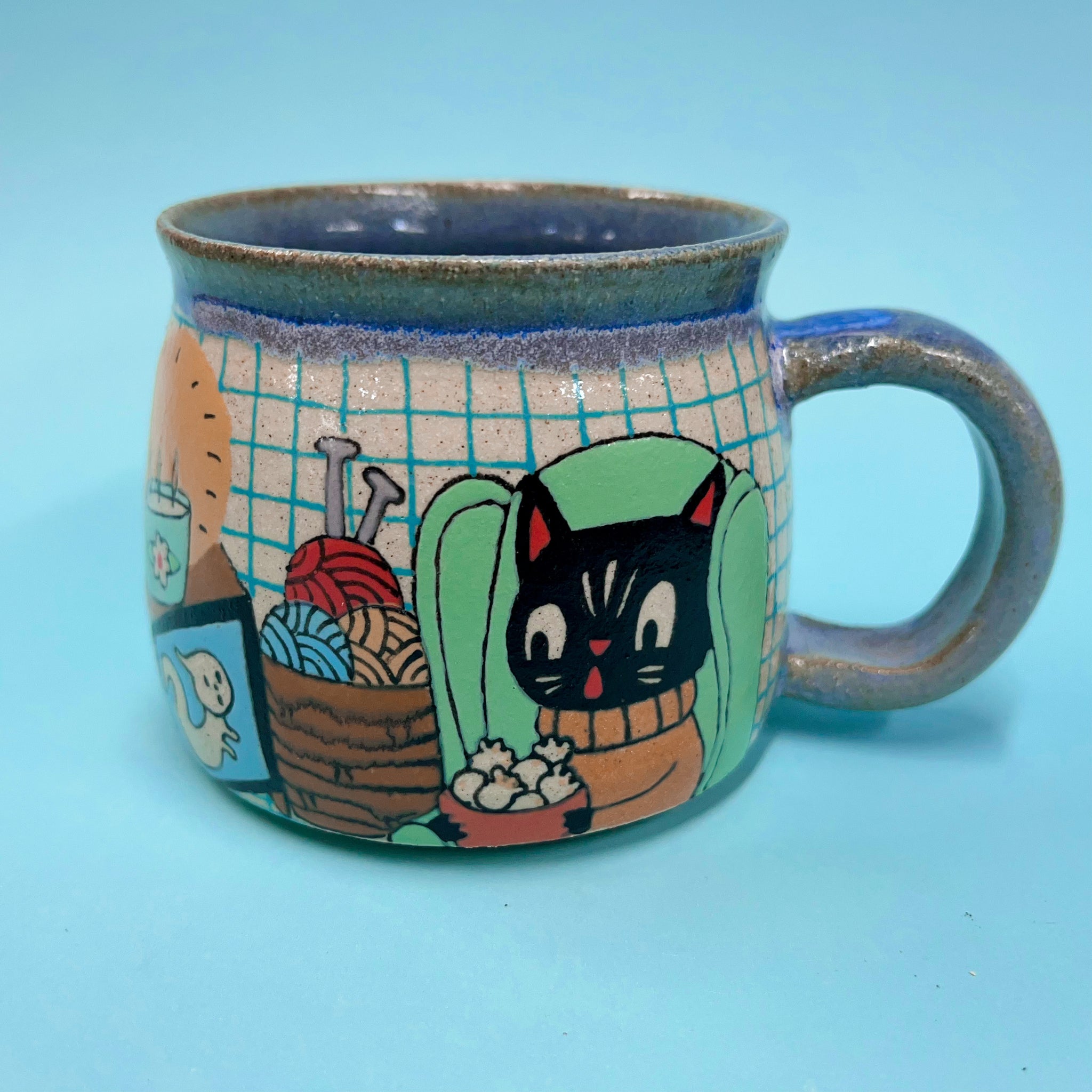 Ceramic Wheel Thrown Spooky Movie Cat Mug 10.5oz