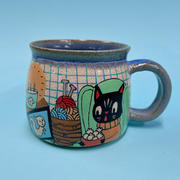 Ceramic Wheel Thrown Spooky Movie Cat Mug 10.5oz