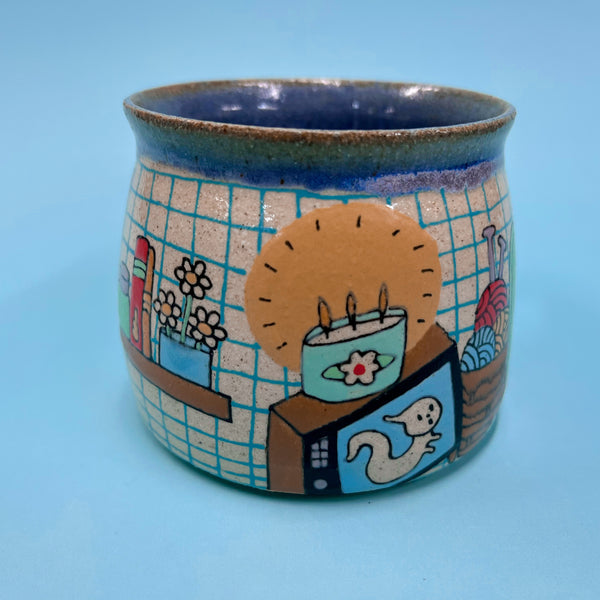 Ceramic Wheel Thrown Spooky Movie Cat Mug 10.5oz