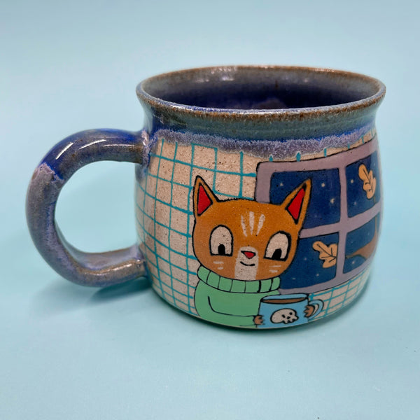 Ceramic Wheel Thrown Spooky Movie Cat Mug 10.5oz