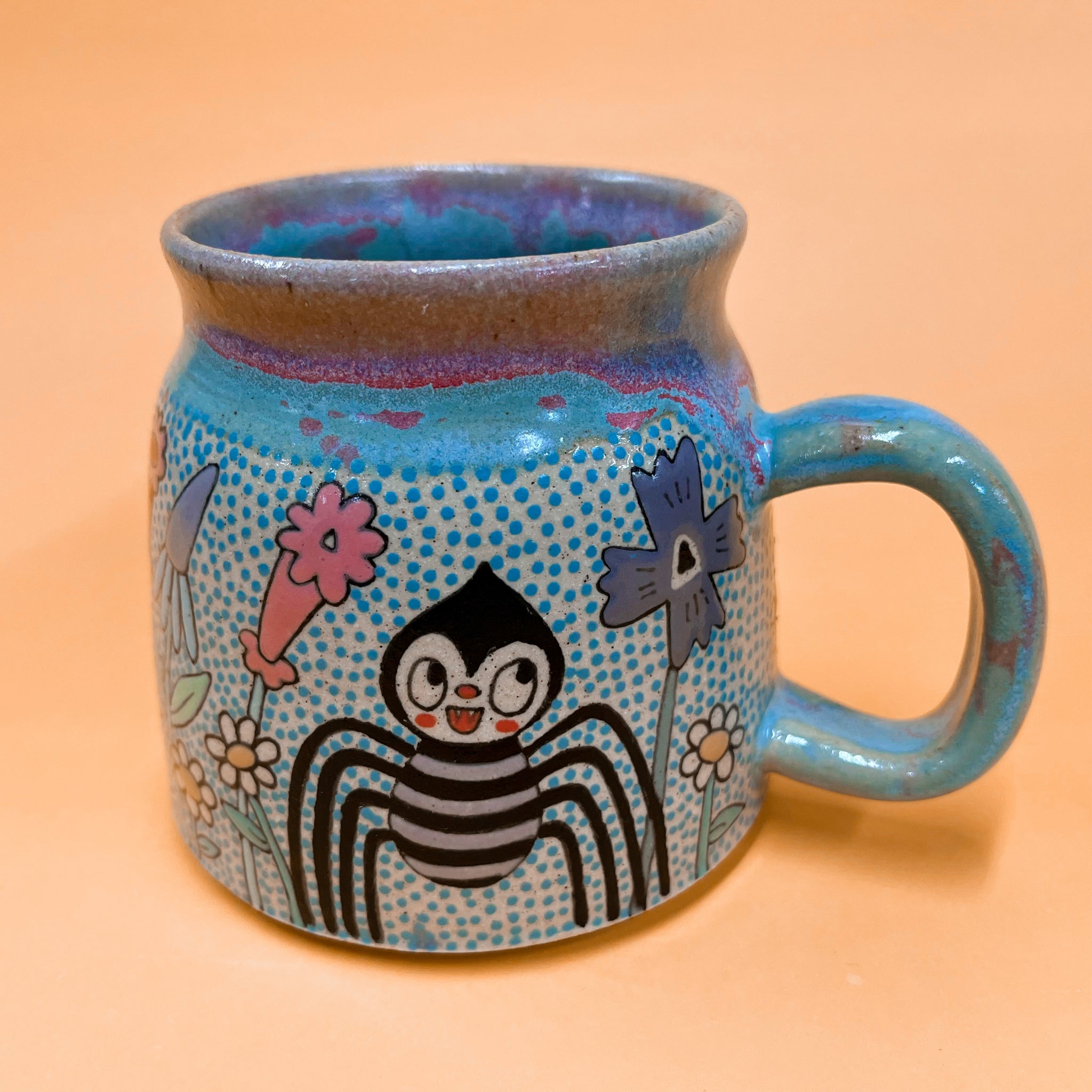 Ceramic Wheel Thrown Spider Bee Ladybug Mug 13.5oz