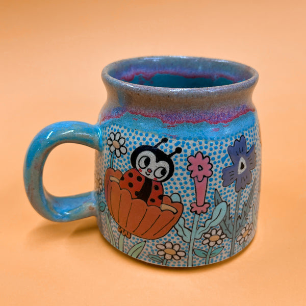 Ceramic Wheel Thrown Spider Bee Ladybug Mug 13.5oz