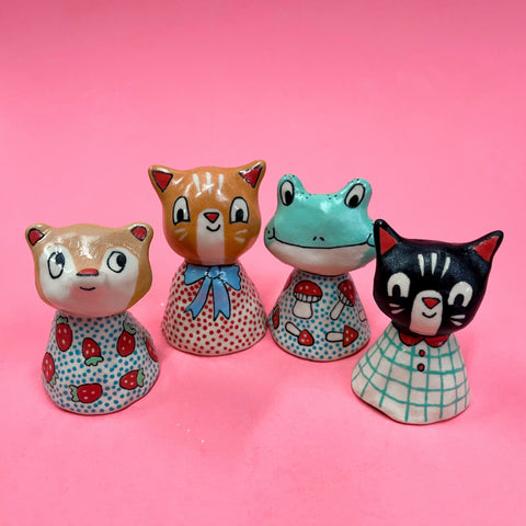 Ceramic Hand Built Bell Cats, Frog, Bear