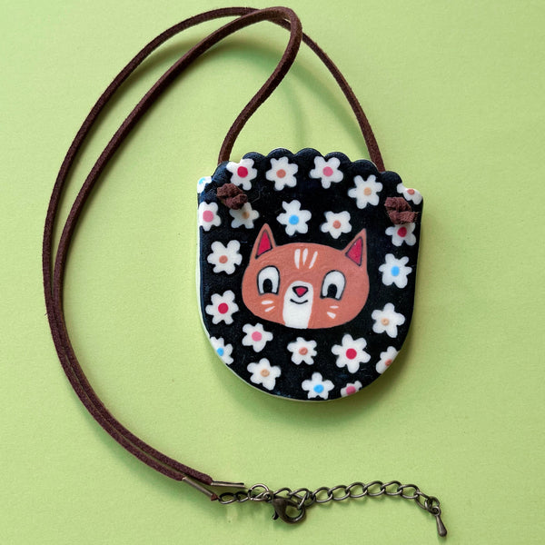 Ceramic Hand Built Cat Flower Necklace