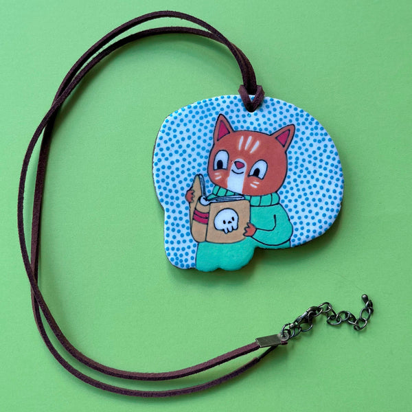 Ceramic Hand Built Cat Reading Necklace
