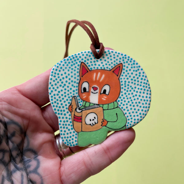 Ceramic Hand Built Cat Reading Necklace