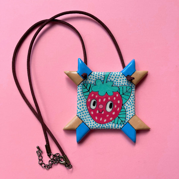 Ceramic hand Built Strawberry Quilt Square Necklace