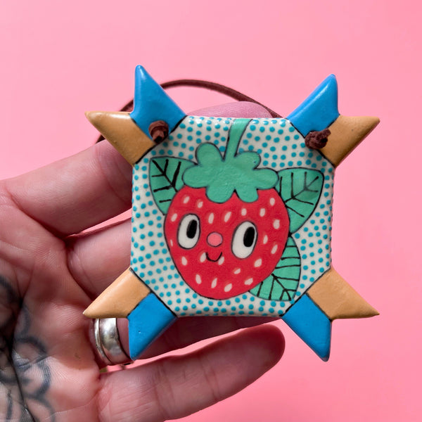 Ceramic hand Built Strawberry Quilt Square Necklace
